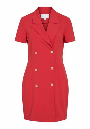 Punane topeltkinnitatud kleit lühikeste varrukatega, valmistatud sujuvast kangast. Omab kuldseid nööpidega ja teravat kraed. Kohandatud sobivus.