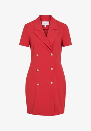Červené šatové šaty s dvojitým zapínáním a krátkými rukávy, vyrobené z hladké tkaniny. Ozdobeny zlatými knoflíky a ostrým límečkem. Přiléhavý střih.