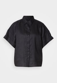 Camicia nera di lino a maniche corte con colletto, chiusura frontale a bottoni e vestibilità comoda. Texture liscia con maniche arrotolate.