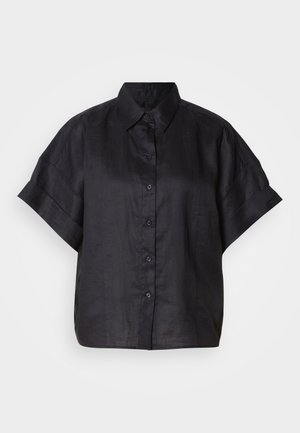 Black linen short-sleeve shirt with a collared neck, front button closure, and a relaxed fit. Smooth texture with rolled sleeve cuffs.