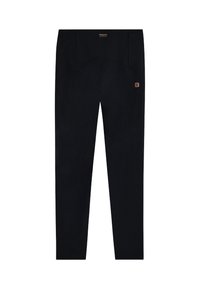 Leggings neri realizzati in materiale elasticizzato. Presentano una superficie liscia, dettagli di cucitura discreti e un piccolo logo vicino alla vita.