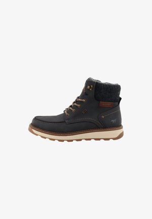 Stivaletto in pelle nera con lacci marroni, colletto imbottito in tessuto grigio, suola beige e dettagli di cucitura su sfondo bianco.