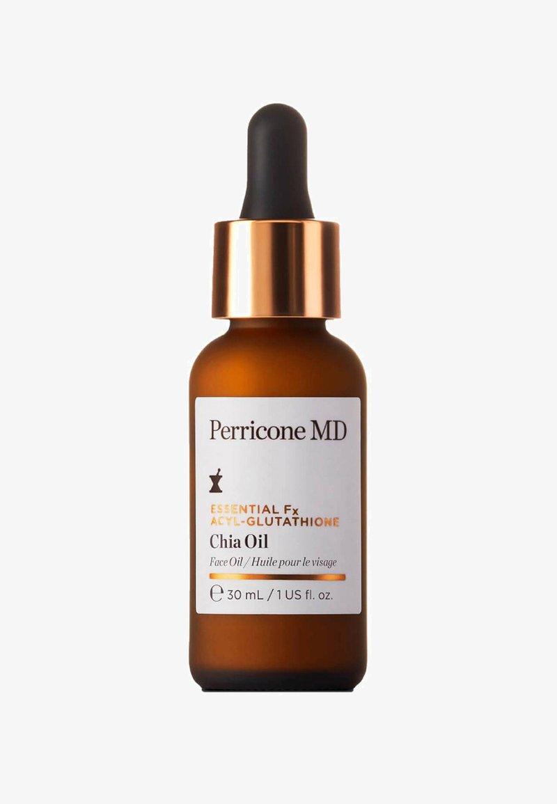 Bernsteinfarbene Glas-Tropfflasche von Perricone MD Essential Fx Acyl-Glutathion Chia-Öl, 30 ml, mit schwarzem Gummideckel und kupferfarbenem Halsring.