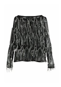 Czarna bluzka z długim rękawem, ozdobiona srebrnymi frędzlami. Przezroczysty materiał o fakturowanym wyglądzie, o luźnym kroju i okrągłym dekolcie.