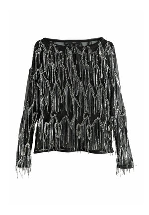 Must mustriga särk hõbedaste franjuurtega. Õhuke materjal tekstuurse välimusega, lõdva istuvuse ja ümmarguse kaelusega.