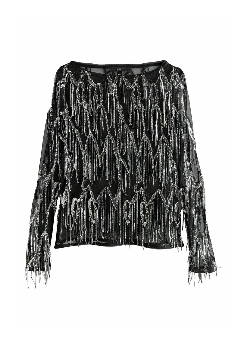 Czarna bluzka z długim rękawem, ozdobiona srebrnymi frędzlami. Przezroczysty materiał o fakturowanym wyglądzie, o luźnym kroju i okrągłym dekolcie.