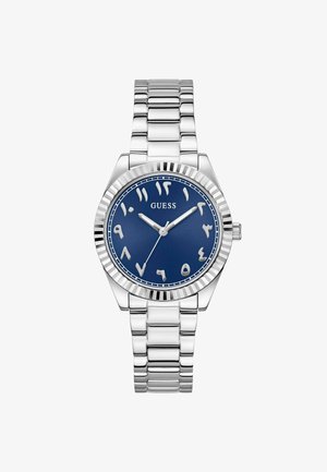 Orologio in acciaio inossidabile argentato con quadrante blu caratterizzato da indicatori numerici unici, dotato di bracciale a maglie e lunetta scanalata.
