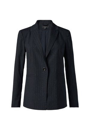 Blazer bleu marine à rayures, fabriqué en tissu lisse, avec une fermeture à bouton unique, des revers crantés et deux poches avant pour un ajustement ajusté.
