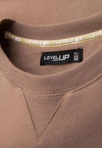Brauner Sweatshirt mit geripptem Kragen und V-förmiger Naht. Mit einem "LEVEL UP"-Tag und etikettiertem Kontrastkragen in Gelb.