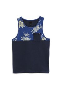 Débardeur bleu marine avec un motif floral en jaune clair sur la partie supérieure, comportant une poche poitrine en bleu marine uni. Made in cotton doux.