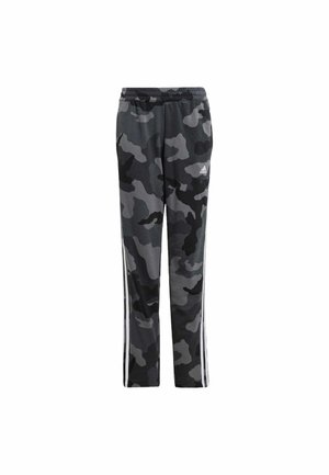 Sort og gråt camouflage Adidas træningsbukser med elastisk talje og tre hvide striber ned langs siderne.