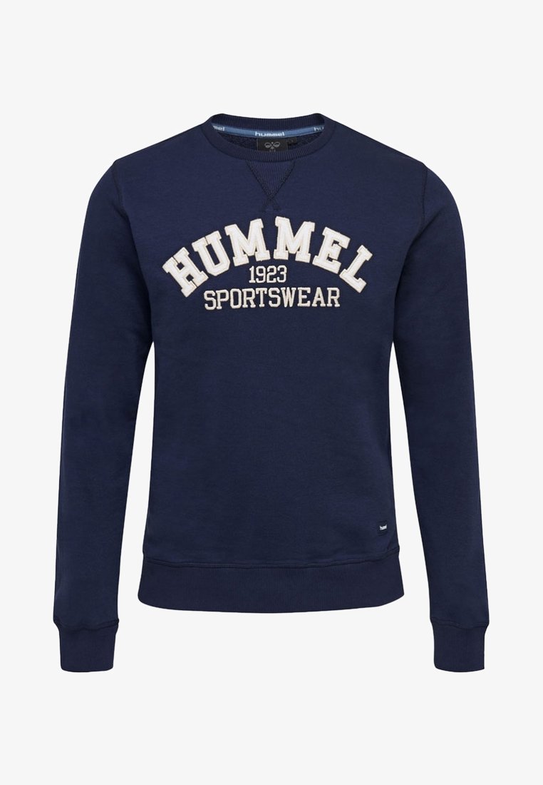 Námořnická modrá mikina vyrobená z bavlněné směsi, s kulatým výstřihem, ribbenými manžetami a logem "HUMMEL 1923 SPORTSWEAR" v krémovém písmu.