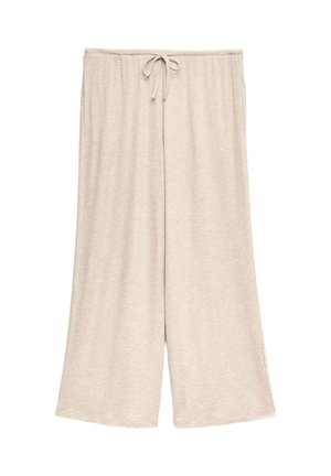 Beige gebreide broek met wijde pijpen, een elastische tailleband en een vooraan verstelbare trekkoord, ontworpen voor casual comfort.