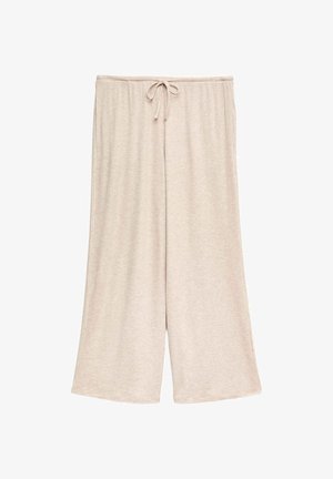 Beige gebreide broek met wijde pijpen, een elastische tailleband en een vooraan verstelbare trekkoord, ontworpen voor casual comfort.