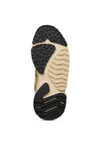 Suola di scarpa con battistrada in gomma nera caratterizzato da motivi geometrici, un intersuola beige e lobi di trazione pronunciati per una buona aderenza.