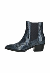 Bottines avec une texture en serpent noire et bleue, panneaux latéraux élastiques, bout pointu et un petit talon carré.