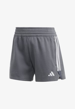 Gray athletic shorts made from soft fabric, featuring an elastic waistband, mesh side panels, and white accent stripes on the sides.