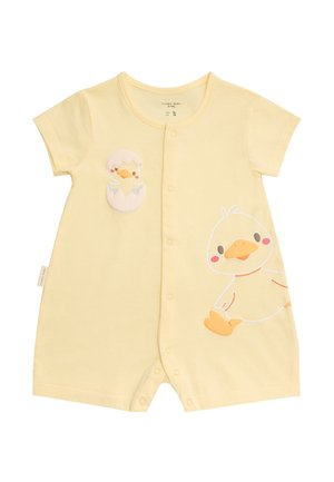 Peto amarillo para bebé de manga corta con un pollito saliendo de un huevo y un pato sentado como gráfico, cierre frontal con botones a presión.