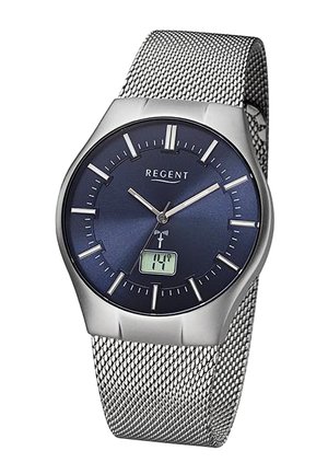 Montre analogique avec cadran bleu, index horaires argentés, bracelet en acier inoxydable tressé, et petit affichage numérique indiquant la température "14°".