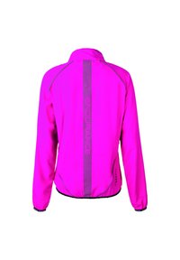 Bright pink jacket with long sleeves, featuring a reflective strip down the back and a cinched waist. Material appears lightweight and smooth.