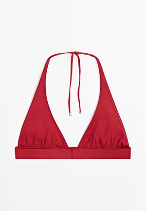 Top bikini rosso a triangolo con allacciatura regolabile al collo e ampia fascia sotto il seno, disteso su sfondo bianco.