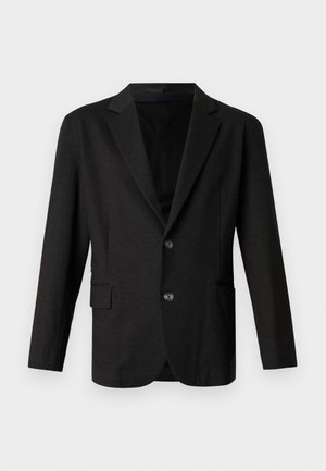 Sötétszürke blézer sima, texturált anyagból. Jellemzője a kihajtott gallér, két elülső gomb és egy zseb a bal oldalon.