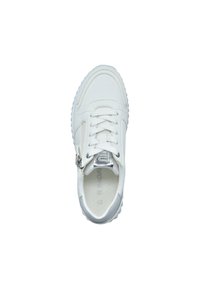 White sneaker with laces, a silver zipper on the side, and a silver tongue tab, shown from above on a white background.