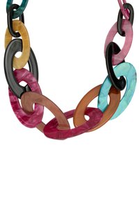 Färgglad akrylhalsband med sammanlänkade oval länk i rosa, svart, teal, orange och beige, med varierande genomskinlighet och texturer.
