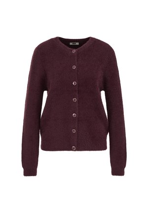 Cardigan tricoté bordeaux avec un col en V, des manches longues et six boutons hexagonaux sur le devant ; tissu doux et texturé.