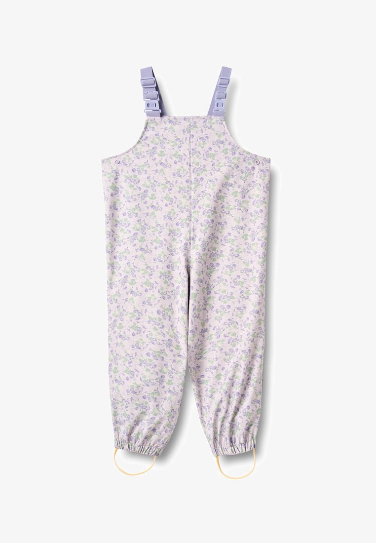 Salopette pour enfants à imprimé floral lavande avec bretelles réglables et élastiques aux chevilles.