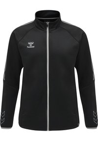 Svart zip-up jacka med hög krage, silverdetaljer och chevronmönster på ärmarna. Tillverkad av slitstark och lätt tyg.