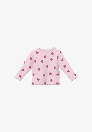 Jasnoróżowa koszulka dla niemowląt z długim rękawem, z czerwonymi wzorami w kształcie serc oraz dwoma zatrzaskami na jednym ramieniu.