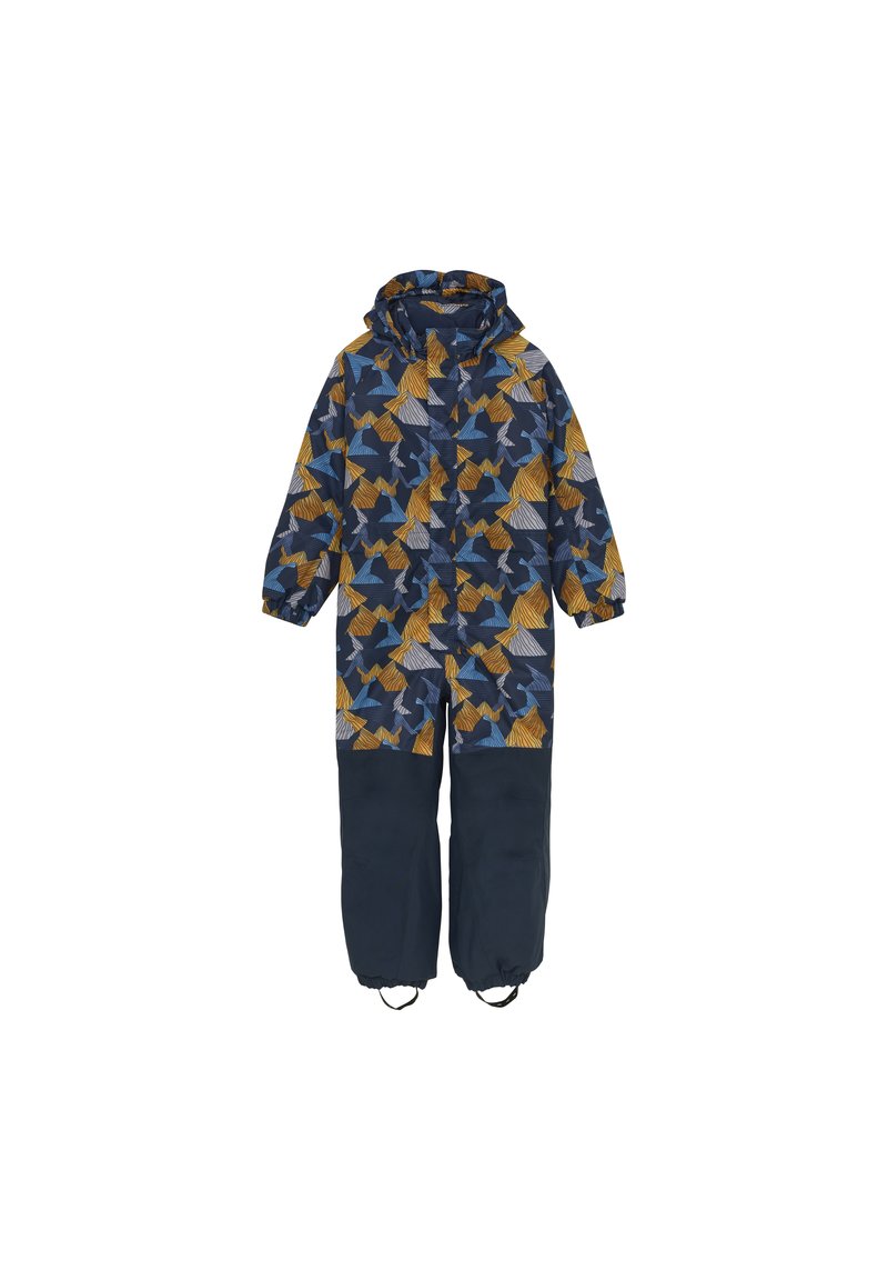 Mönstrad jumpsuit med en blandning av gula, blå och grå geometriska mönster, med enfärgade mörkblå ben och huva. Vattentätt material.