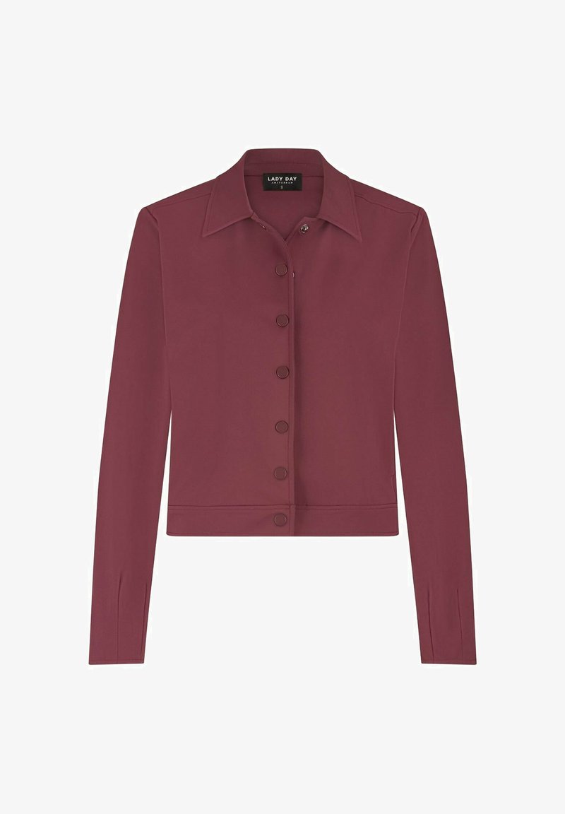 Bordeaux langesleeve blouse met een kraag, sluiting met knopen aan de voorkant en een cropped ontwerp. Gladde textuur en op maat gemaakte pasvorm.