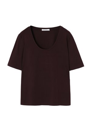 Tume burguundi lühikeste varrukatega T-särk, millel on lai ümar kaelus, valmistatud siledast ja hingavast kangast, omades lõdva siluetti.