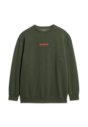 Olivengrüner Sweatshirt aus Baumwollmix. Verfügt über einen runden Halsausschnitt, gerippte Bündchen und das "SUPERDRY"-Logo in orangefarbener Stickerei auf der Brust.