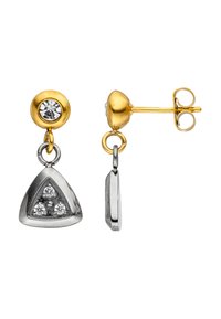 Gold and silver triangle earrings with a clear crystal accent; textured surface and polished finish; secured with a post and butterfly clasp.