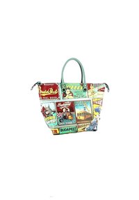 Borsa a tracolla multicolore con stampe a tema Budapest. Materiale morbido, forma strutturata, doppi manici superiori, chiusura con zip, dettagli decorativi.