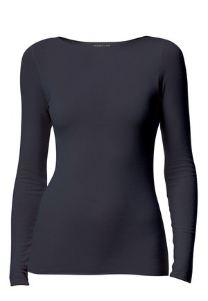 Maglia nera a maniche lunghe con scollatura rotonda, realizzata in tessuto liscio e elastico, caratterizzata da un design aderente senza dettagli o motivi visibili.