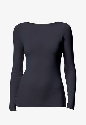 Maglia nera a maniche lunghe con scollatura rotonda, realizzata in tessuto liscio e elastico, caratterizzata da un design aderente senza dettagli o motivi visibili.
