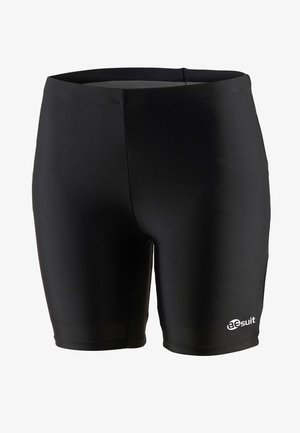 Zwarte zwembroek gemaakt van glad, rekbaar materiaal. Heeft een midden-dij snit met een logo aan de onderzijde rechts. Naadloze taillebandconstructie.