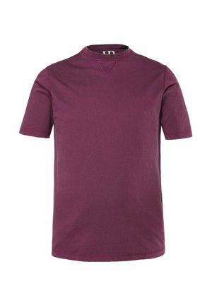 Plain short-sleeve crew neck t-shirt in deep maroon, made of soft fabric with visible stitching details.