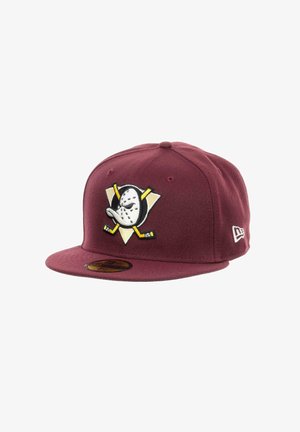 Maroon baseball cap made of fabric, featuring an embroidered team logo in black, yellow, and white on the front. Flat brim design.