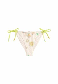 Bikini dno iz svetlo roza tkanine z teksturiranim vzorcem, ki vsebuje barvite grafike školjk in cvetlic ter prilagodljive limonasto zelene vezave.