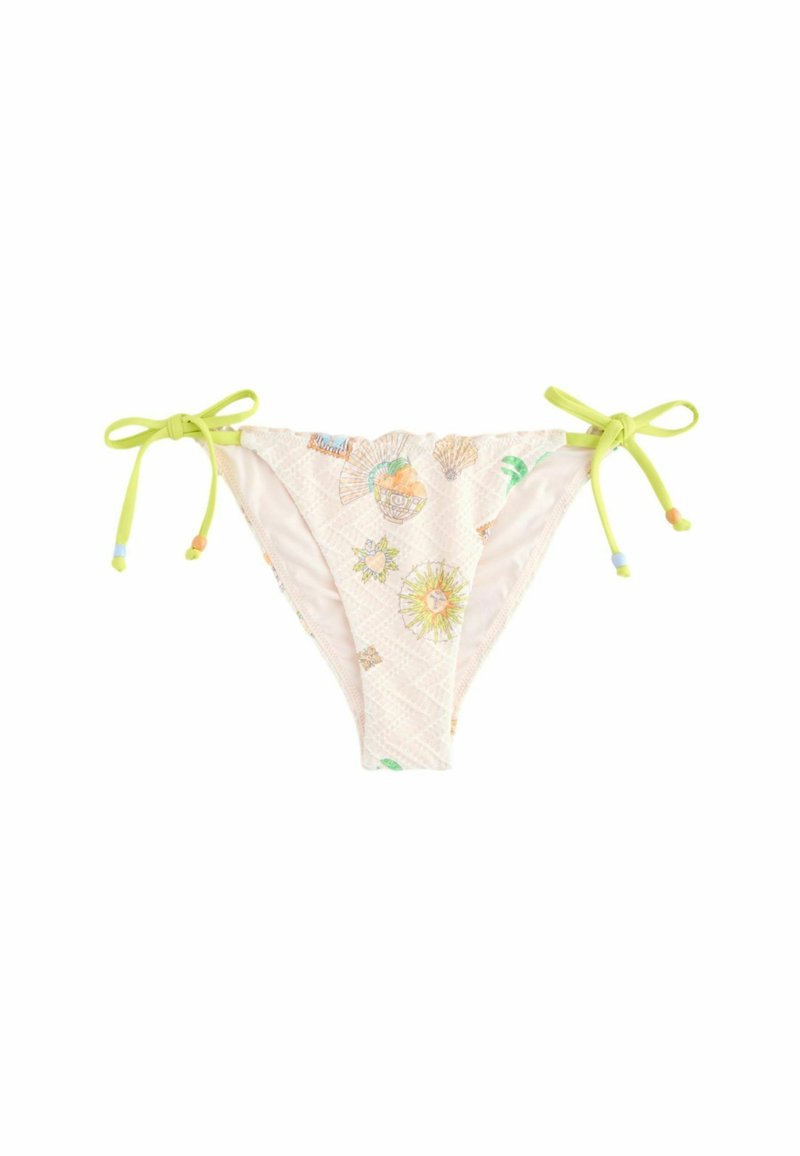 Bikini dno iz svetlo roza tkanine z teksturiranim vzorcem, ki vsebuje barvite grafike školjk in cvetlic ter prilagodljive limonasto zelene vezave.