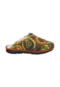 Wool felt slipper with multicolored spiral pattern in green, orange, and gray. Cork sole, plush lining, open back design.