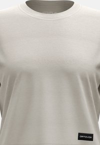 Hellgraues Kurzarm-T-Shirt aus weichem Stoff, mit Rundhalsausschnitt und einem schwarzen Ortovox-Logoetikett auf der linken unteren Seite.