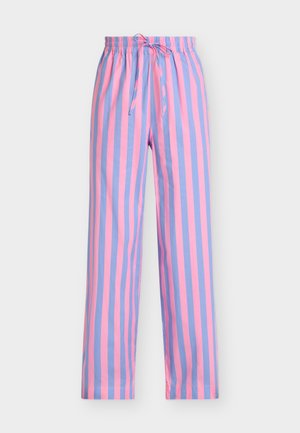 Pantaloni larghi con strisce verticali rosa e blu, vita elastica e coulisse frontale.