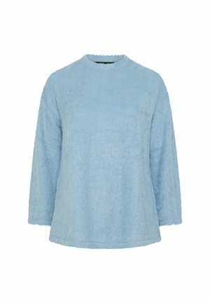 Lichtblauwe fleece trui met een textuurafwerking, ronde halslijn en lange mouwen. Casual ontwerp met een ontspannen pasvorm en zachte uitstraling.