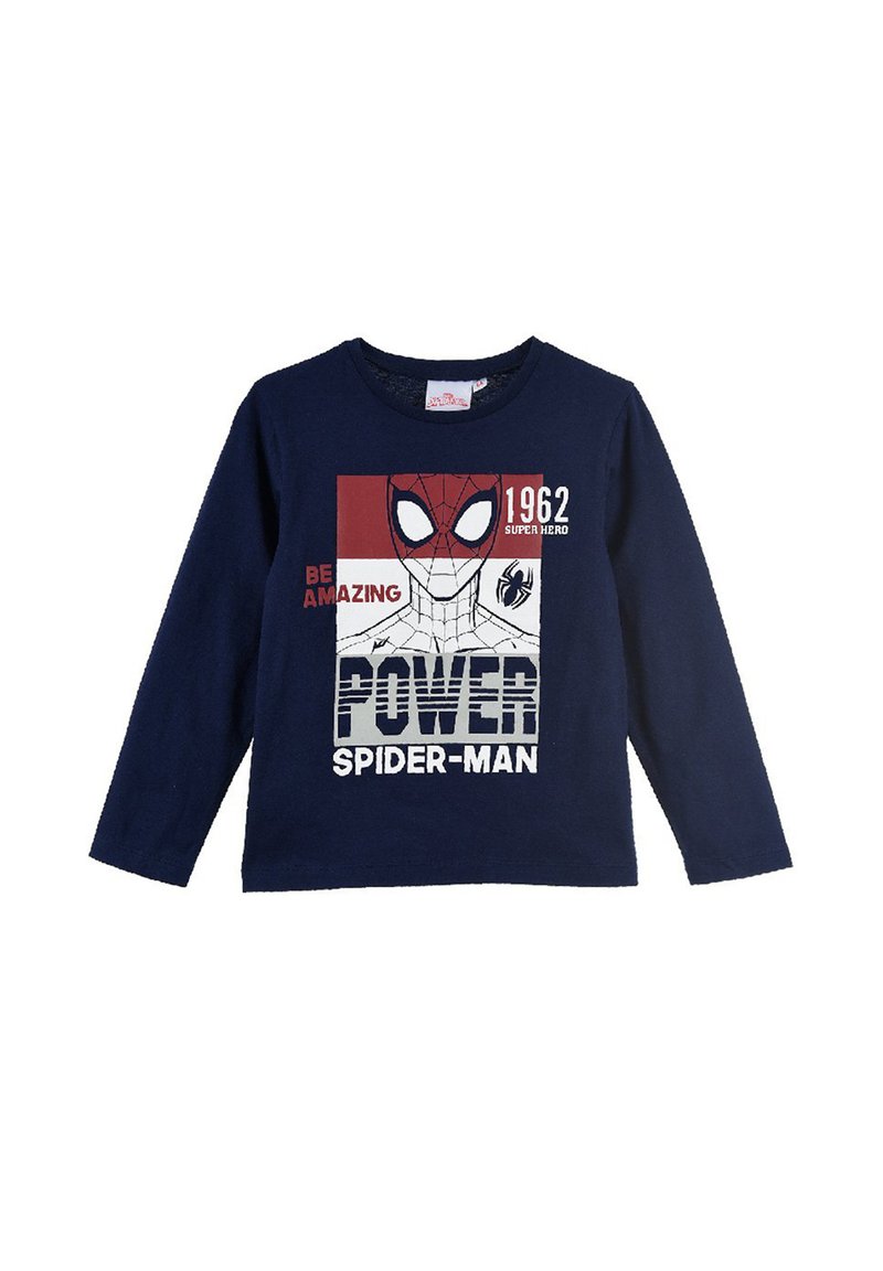T-shirt a maniche lunghe blu navy in cotone, con una grafica di Spider-Man e il testo "BE AMAZING POWER SPIDER-MAN" e l'anno "1962".